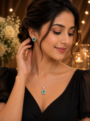 Elegant Emerald Green Crystal Pendant Necklace & Earrings Set | Silver-Plated Jewelry for Women